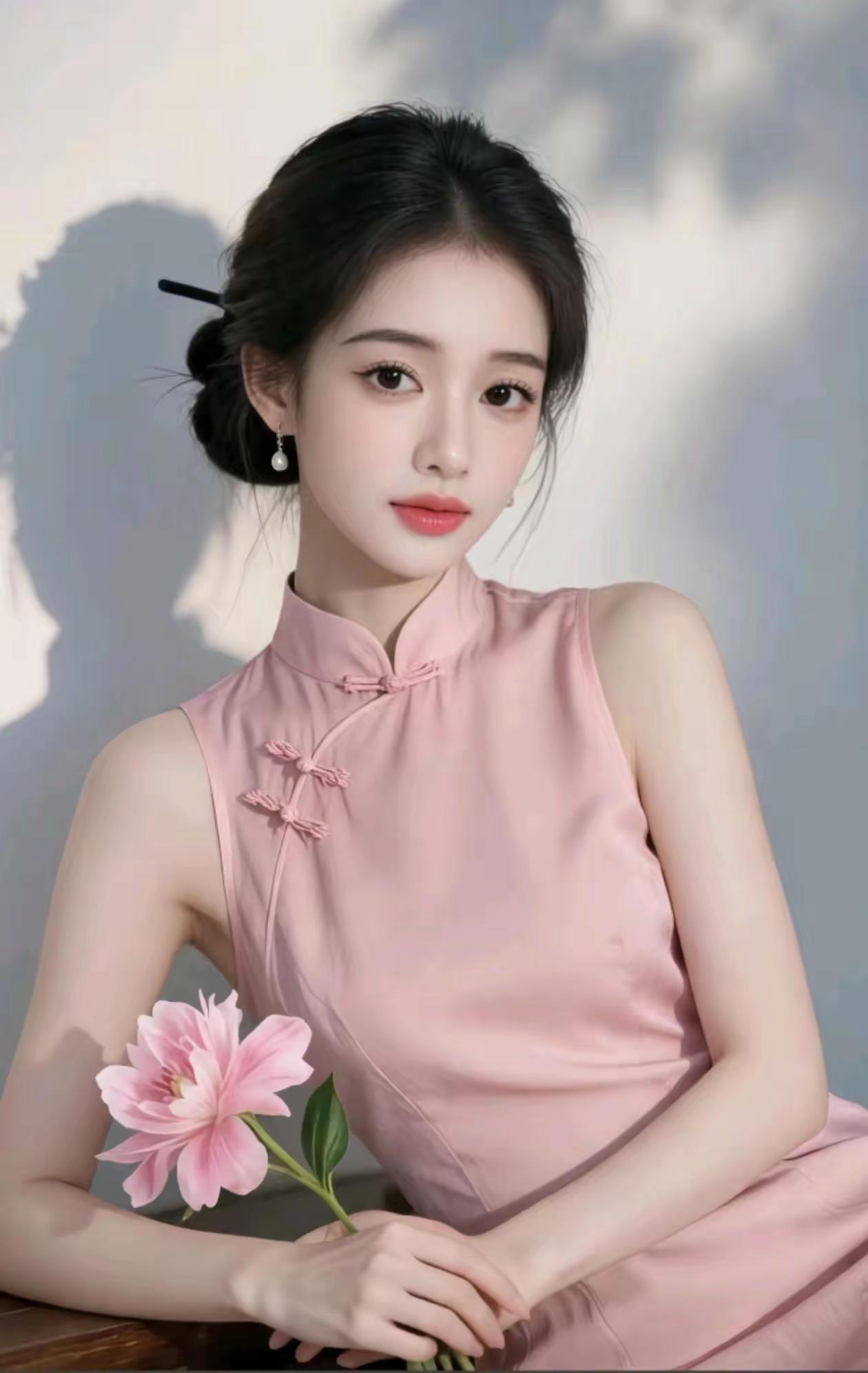 这位小姐姐穿着粉色旗袍，真好看！
