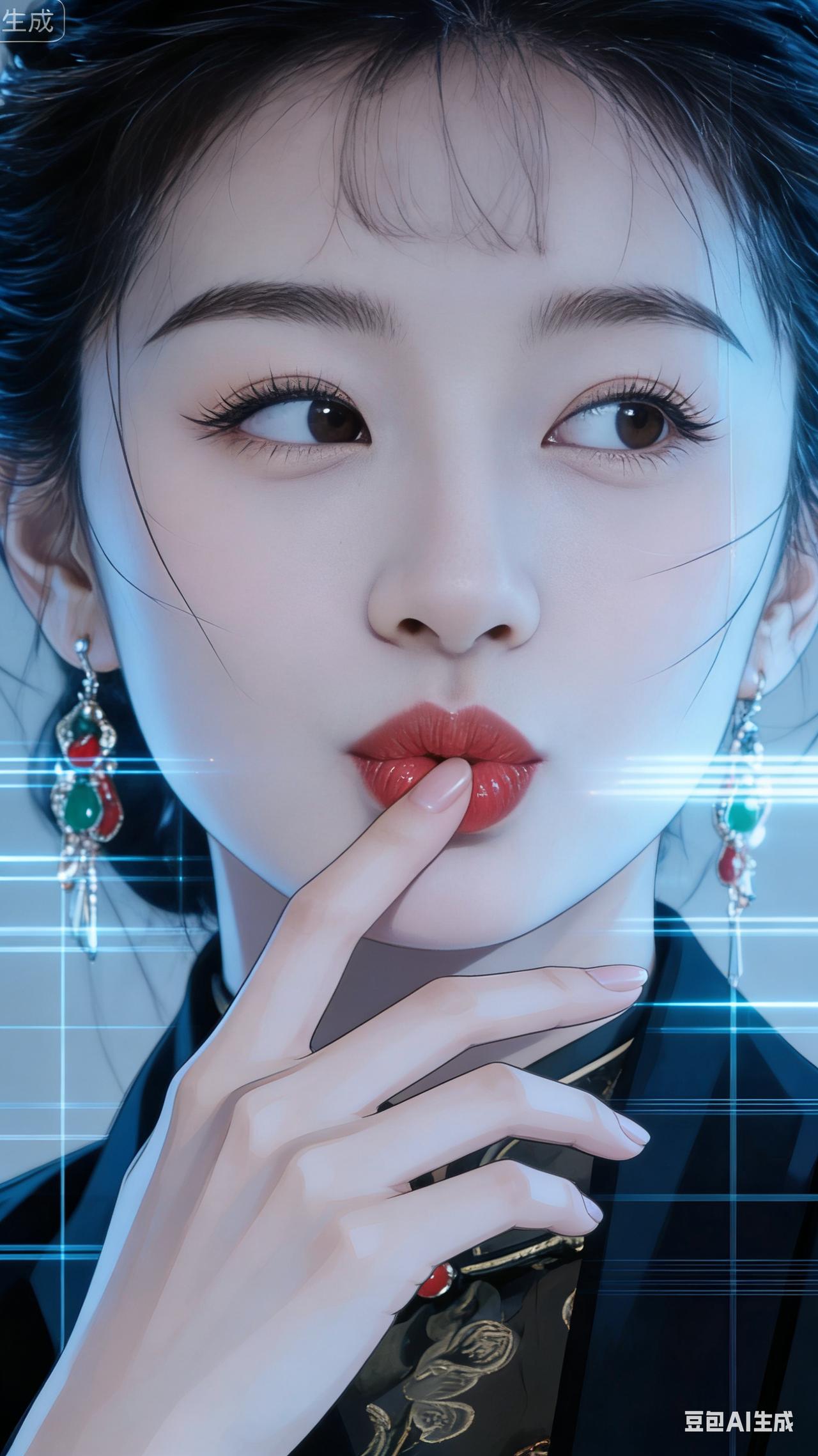 时尚美少女唇部特写，单手轻抵嘟嘴，眼望旁侧尽显调皮。冷硬慵懒魅惑随性，发丝微乱，