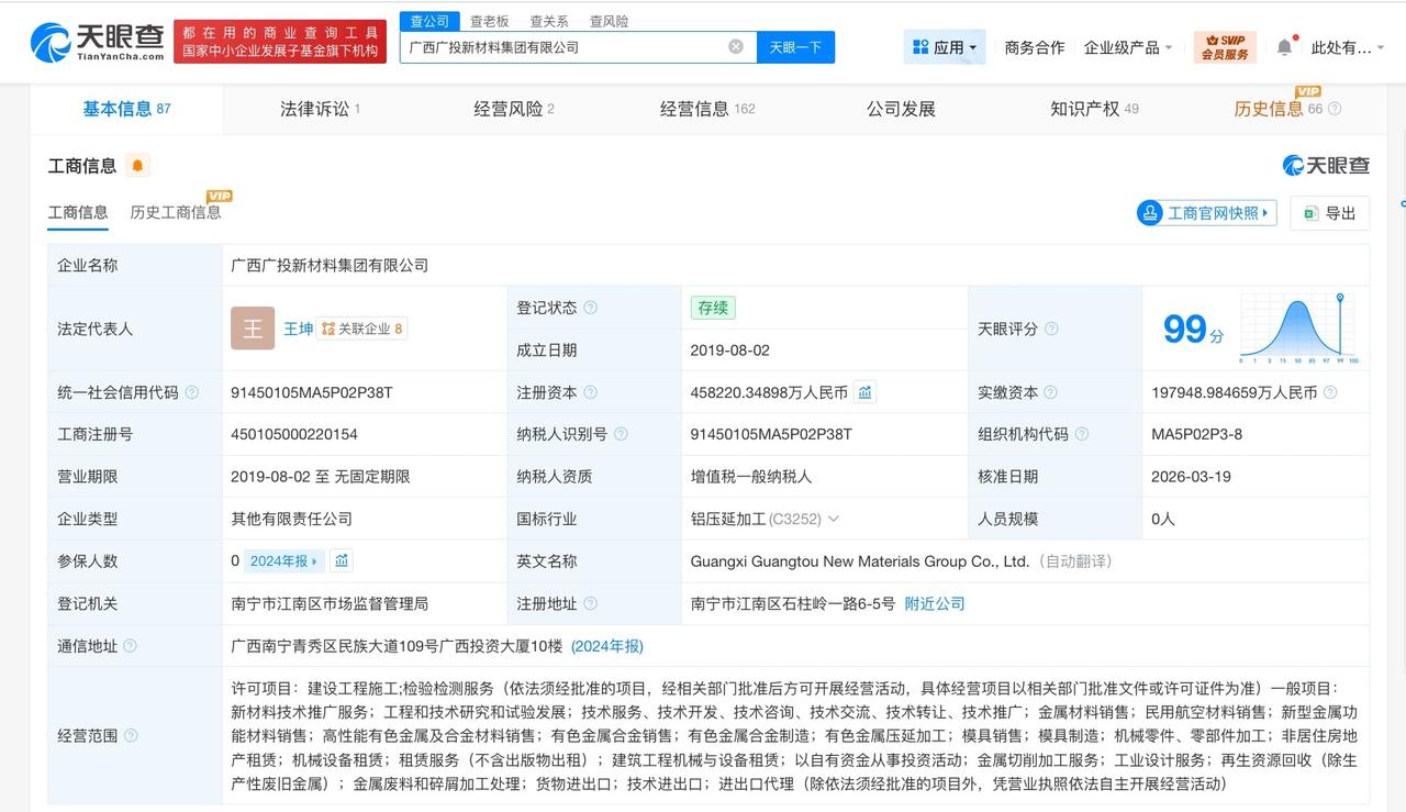 广西广投新材料集团增资至约45.8亿 增幅约119%

天眼查工商信息显示，近日