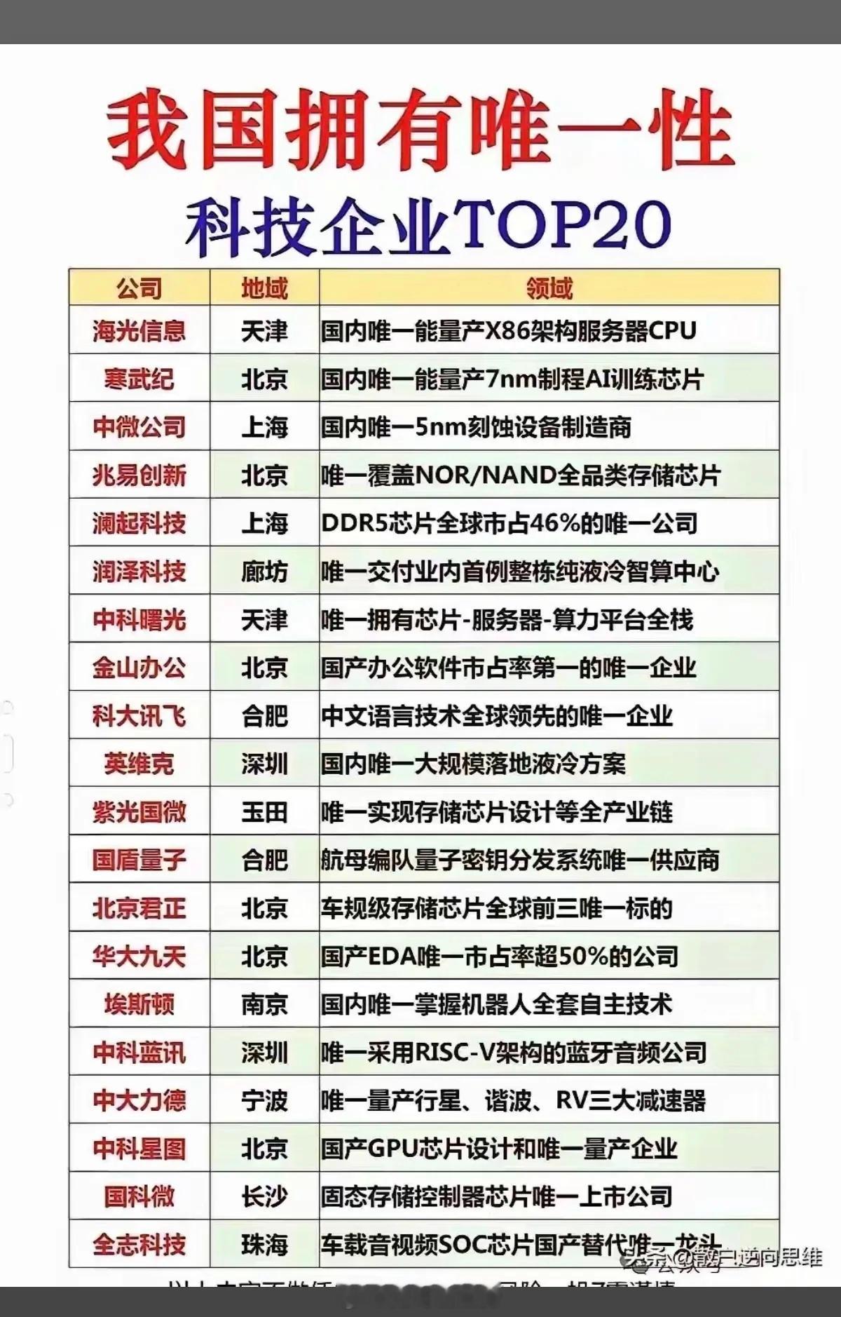 我国拥有唯一性：高科技企业TOP20！科技巨头，未来新星！唯一性，稀缺性，垄断性