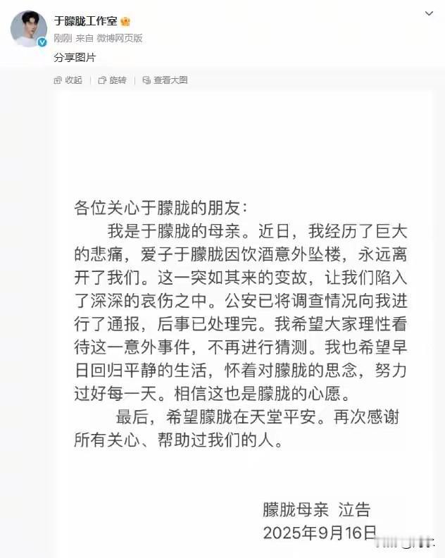 于朦胧母亲：爱子系饮酒意外坠亡。

看看，于朦胧母亲也发声了，但是，即便如此，还