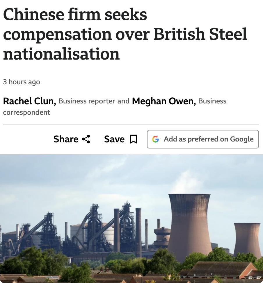 外媒：中国敬业集团就英国钢铁公司国有化寻求赔偿。敬业集团2020年收购该林肯郡钢