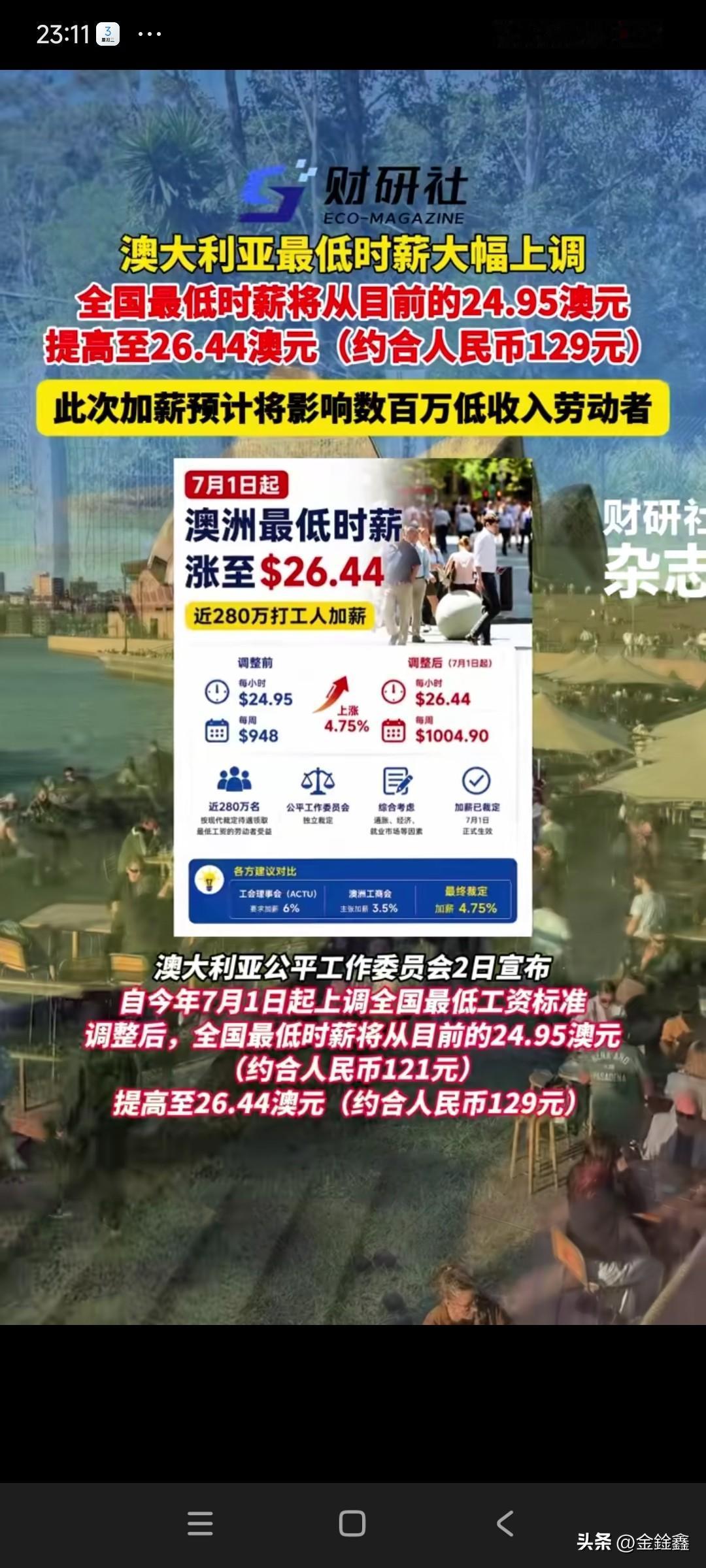 周薪超4800元！澳洲最低时薪大幅上调，280万打工人迎来涨薪潮！

近日，澳大