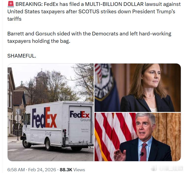 联邦快递在美国最高法院裁定推翻特朗普总统的关税措施后，向美国纳税人提起了一项金额