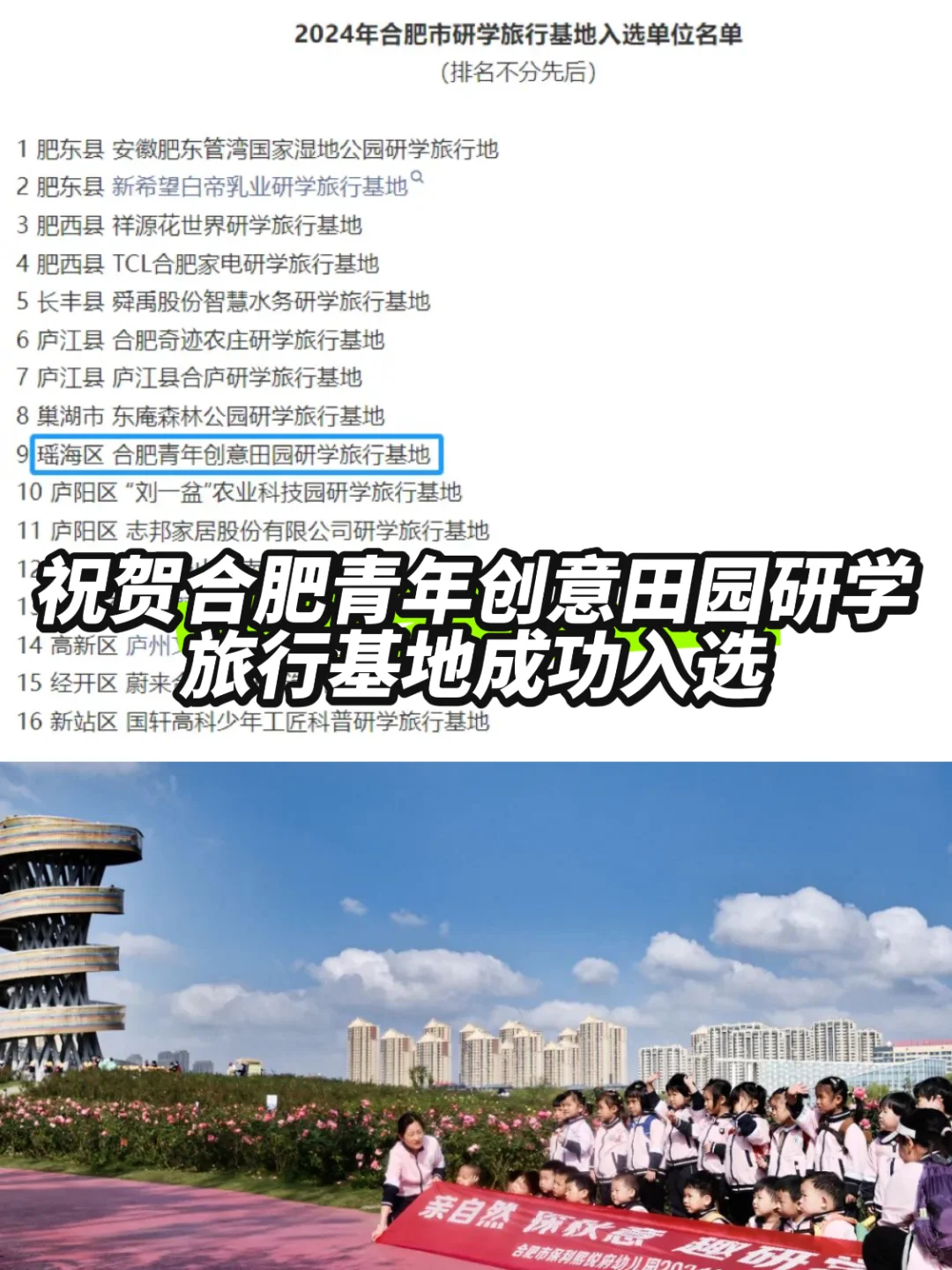 祝贺合肥青年创意田园研学旅行基地成功入选