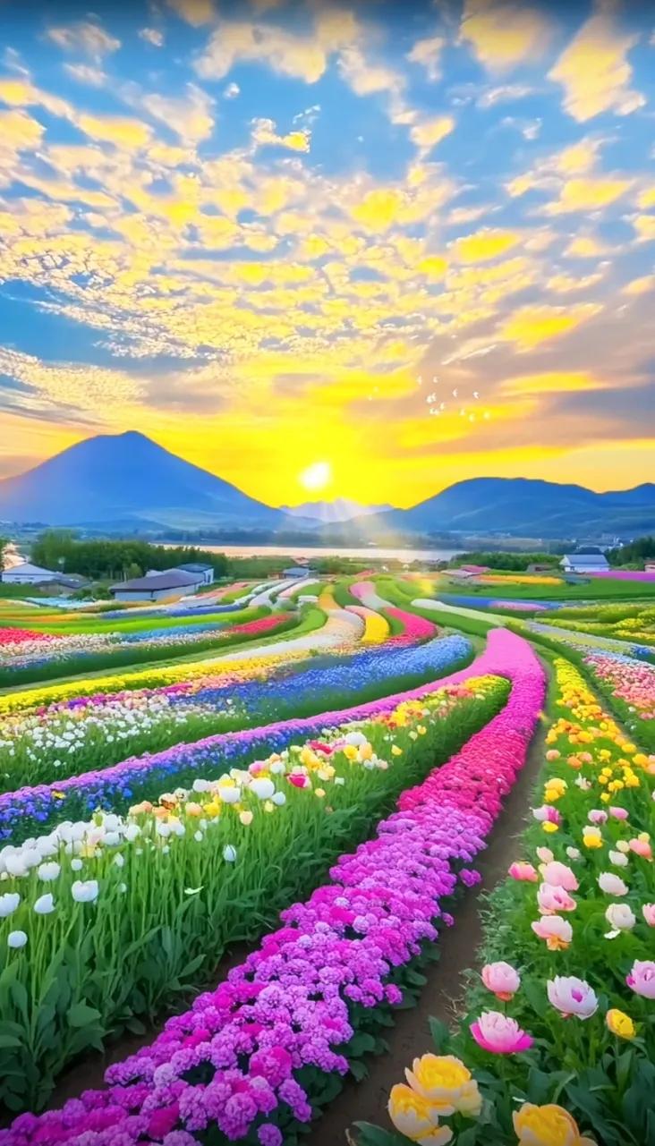 日出东方染紫花，瑰丽绚烂映霞光。#五彩云霞彩云飘# #早霞斑斓美如画# #。百花