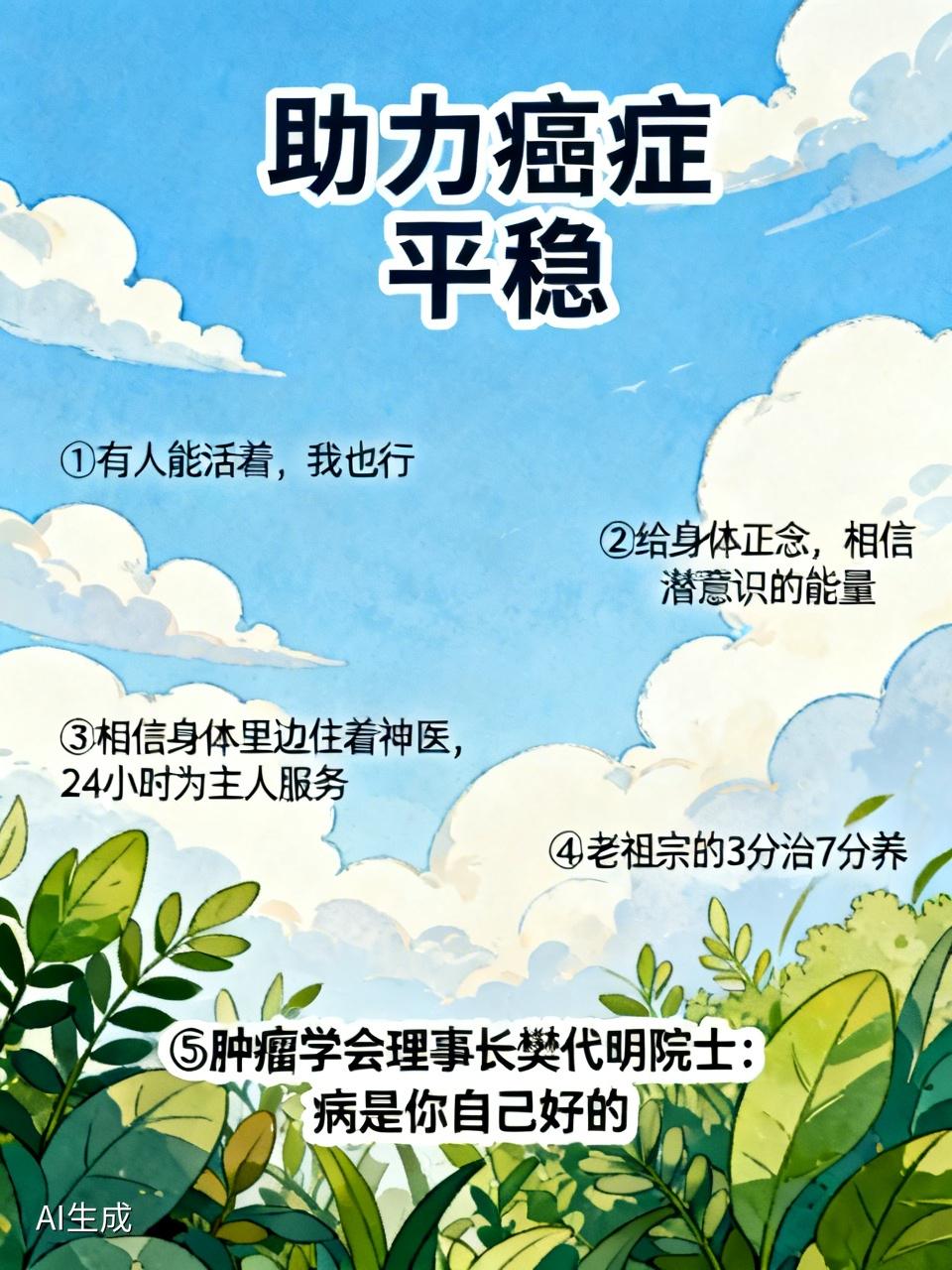 这5条助力癌症平稳
① 这个主导占首位:有人能活着，我也行。

② 給身体正念。