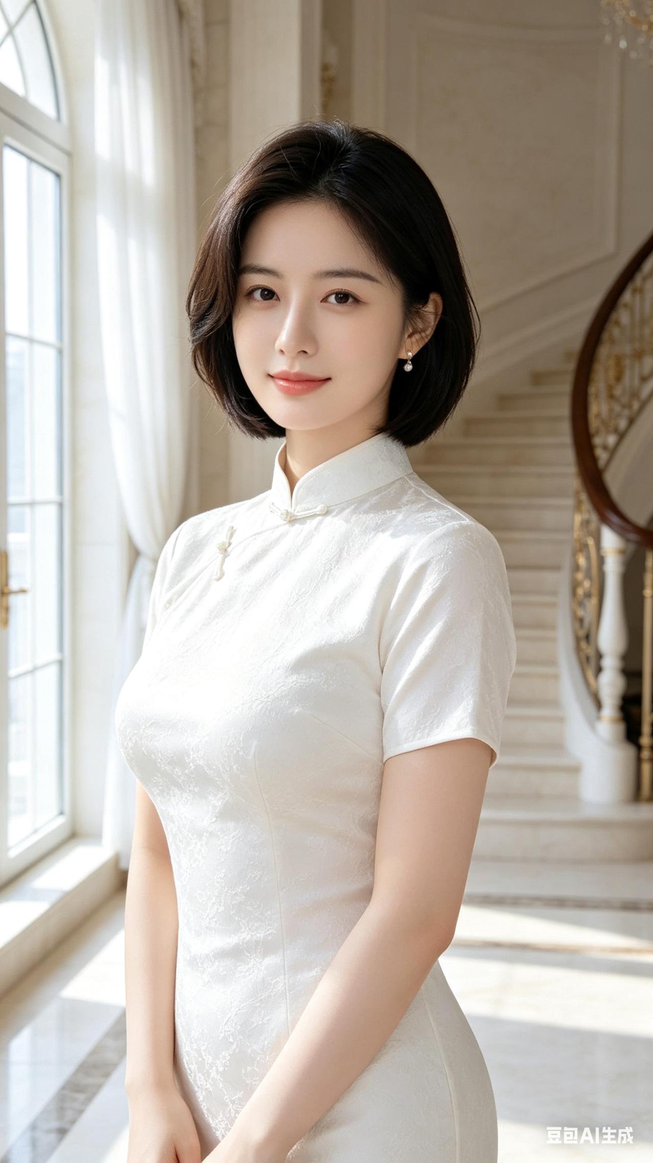 鹅蛋脸短发女子，冷白透亮肌肤，丰腴端庄。身着带细腻光泽的白色短袖旗袍，背景奢华楼