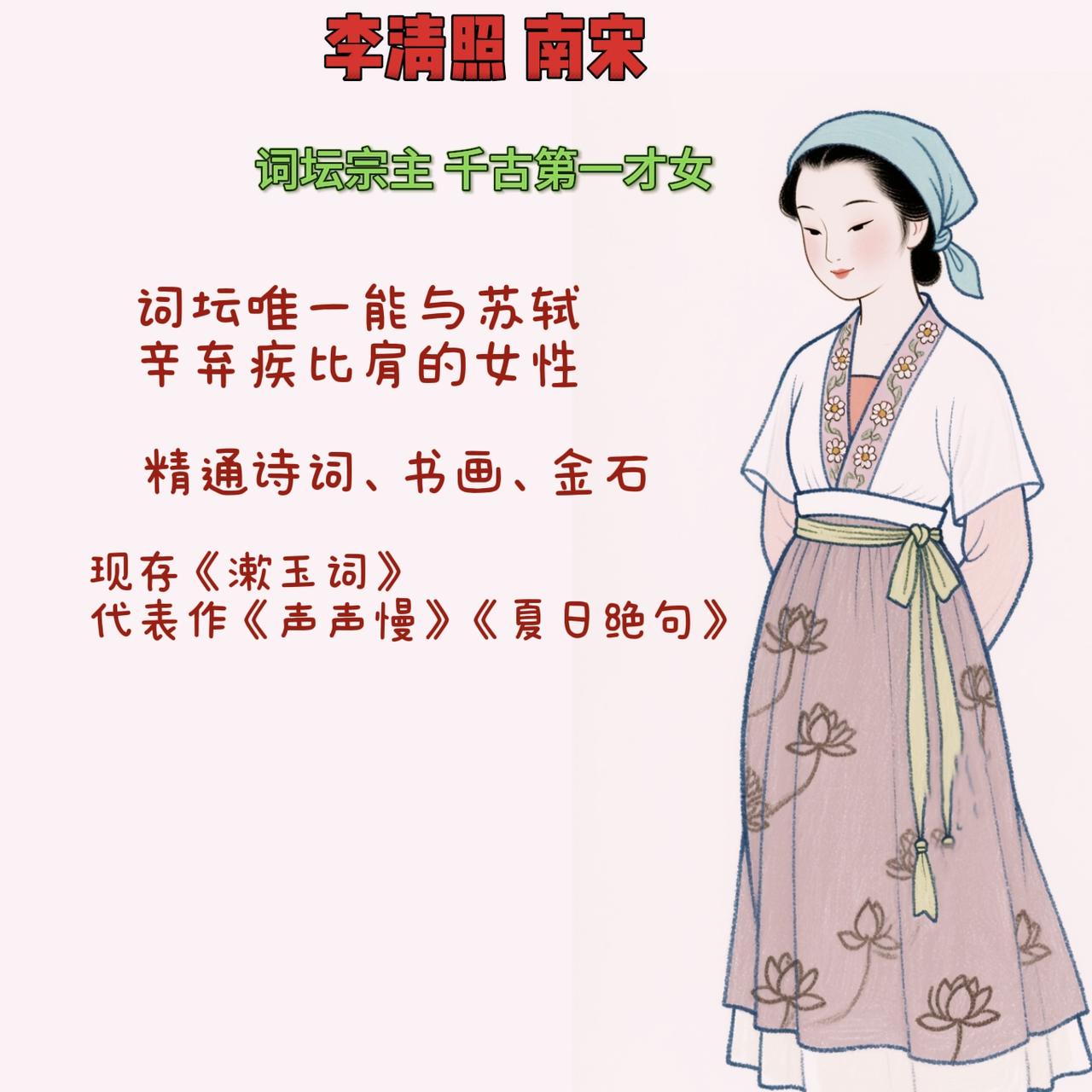 1. 李清照（南宋）
号易安居士，济南章丘人，“千古第一才女”“婉约词派代表”。