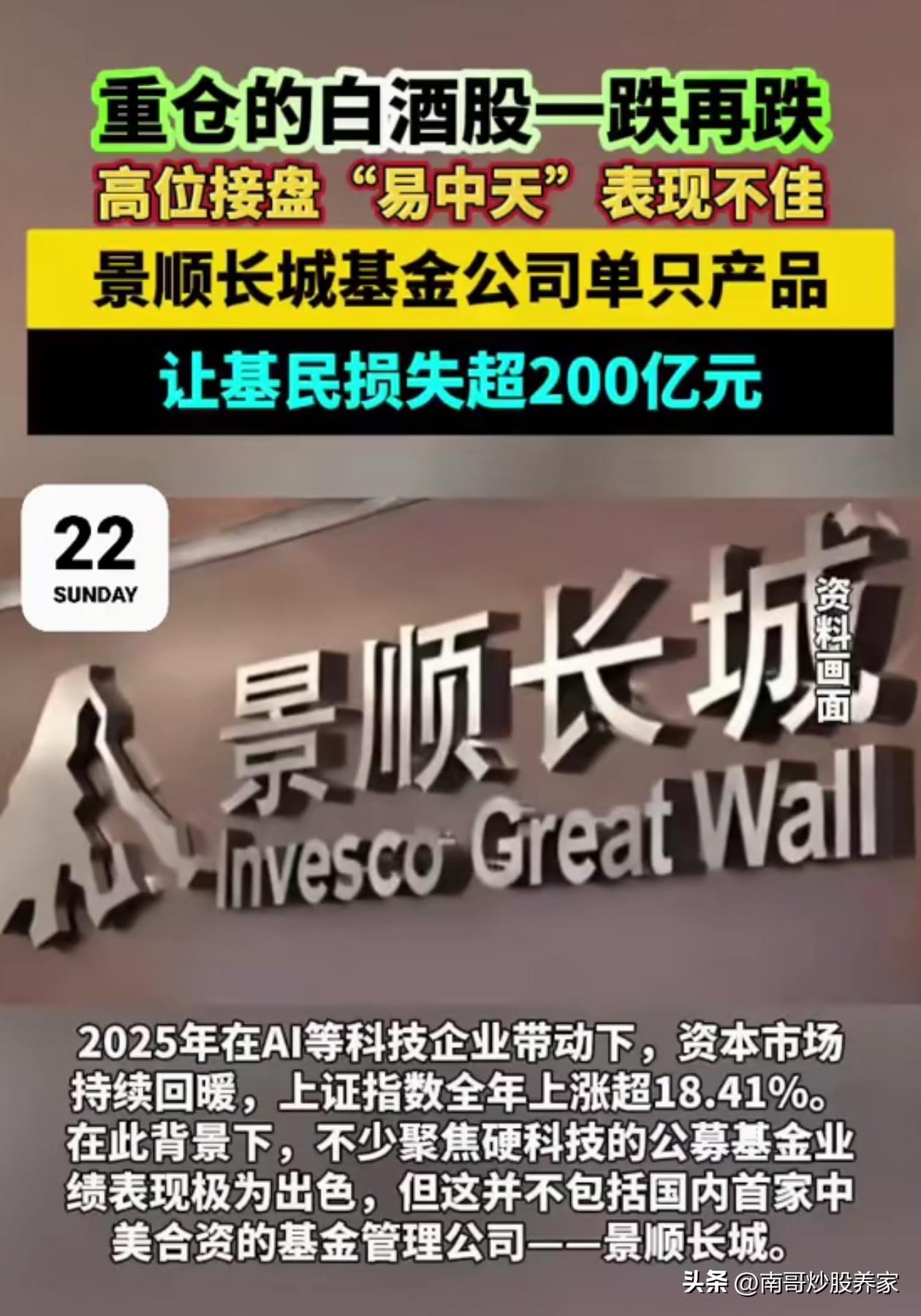 单只基金爆亏200亿，这就是大名鼎鼎的景顺长城基金经理刘彦春。高位接盘易中天。这