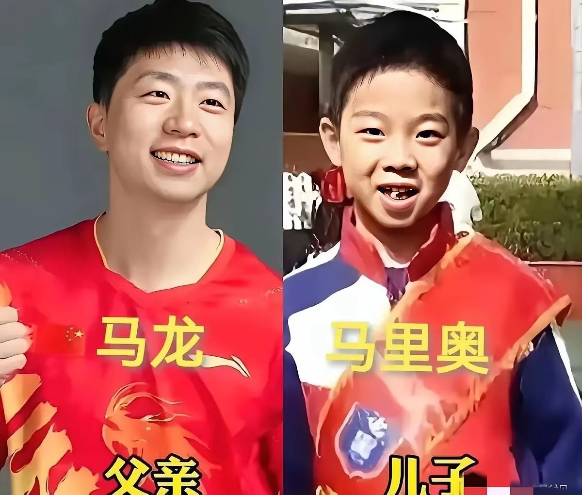 乒乓球运动员们的基因都很强大。马龙、许昕、王皓各自的儿子们和自己长得非常像，看着