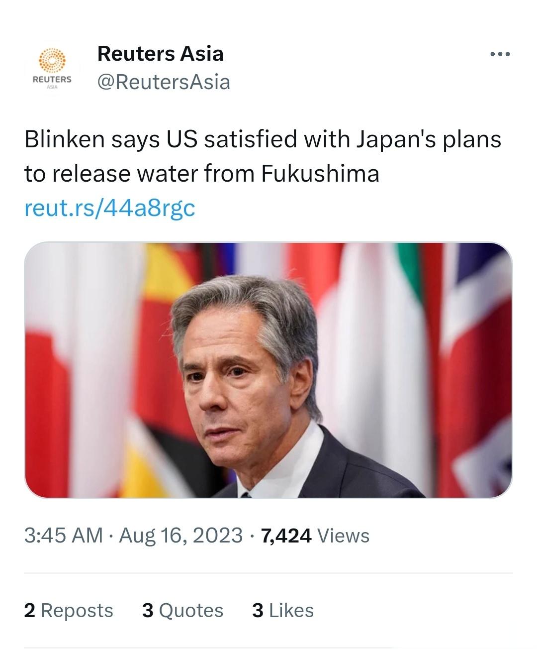 布林肯说，美国对日本从福岛核电站排放核污水的计划感到满意。 ​​​