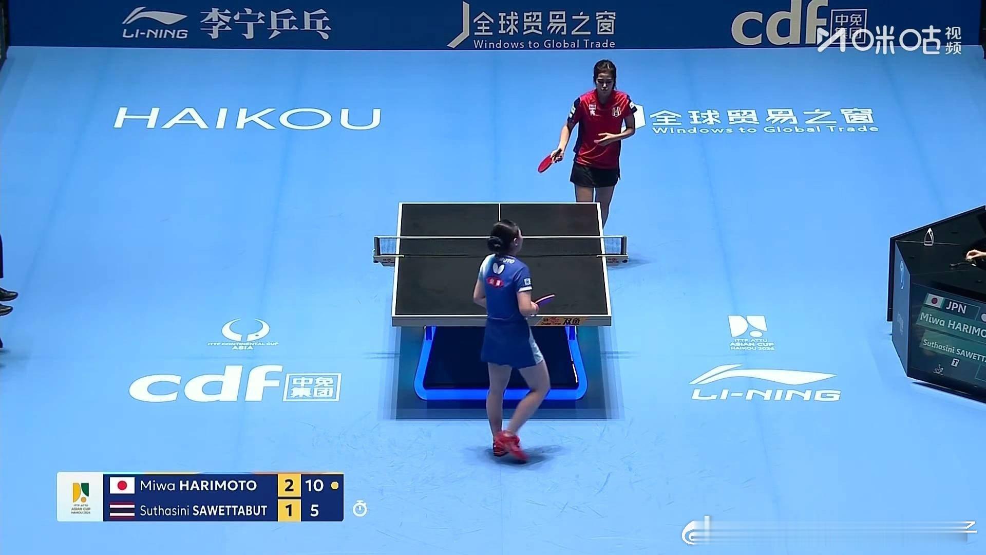 张本美和3比1素塔西尼（3，-8，3，5）2026年国际乒联海口亚洲杯女单小组赛