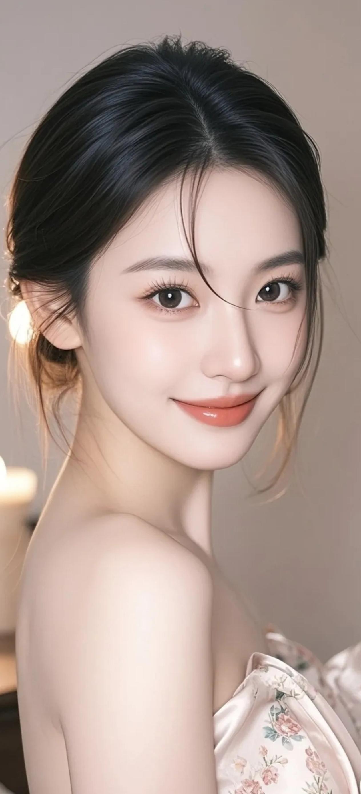 素面含情映日红，轻盈体态自玲珑。
回眸一笑春波绿，举步微摇秀发风。
玉骨冰肌凝雪