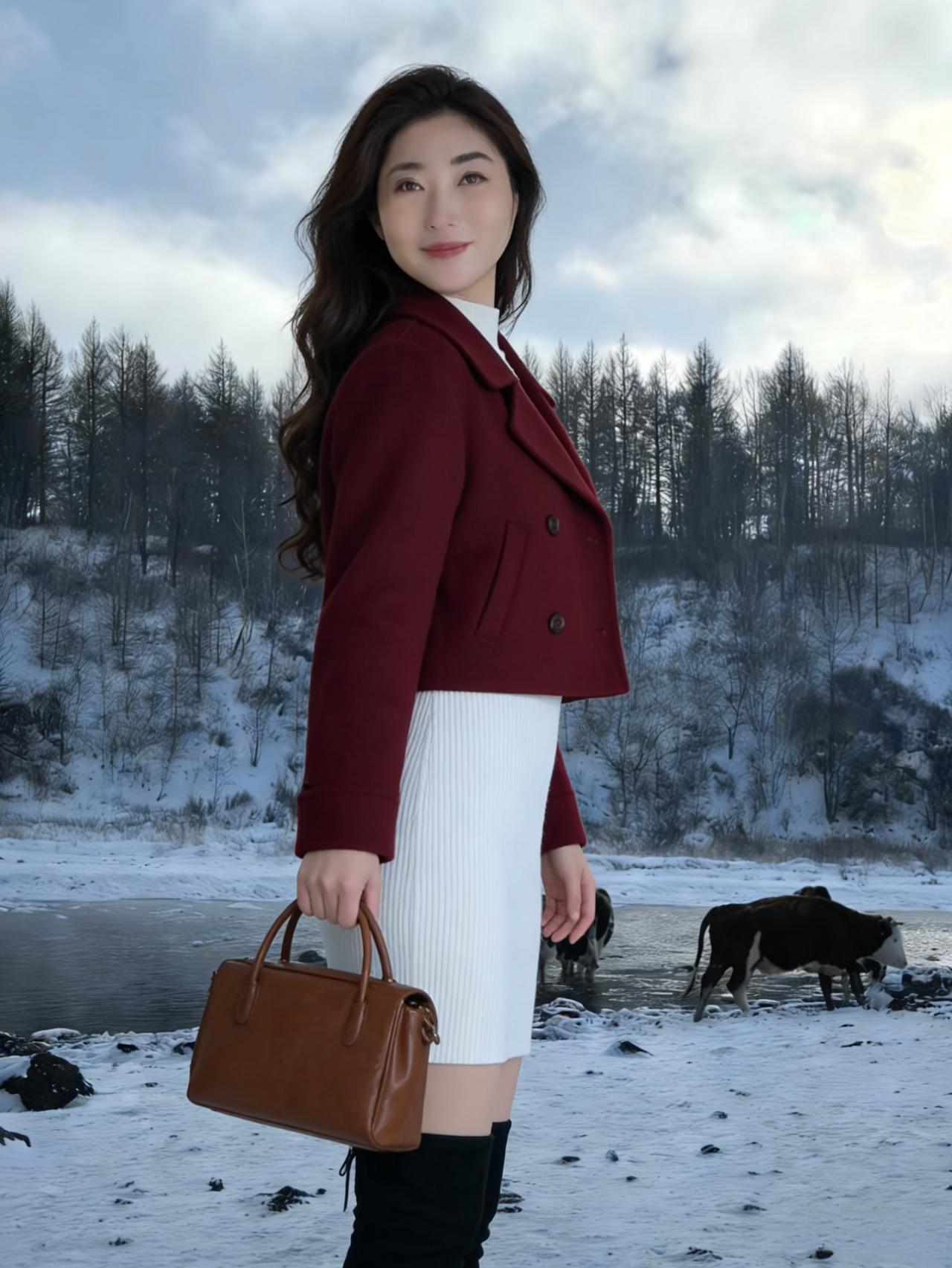 雪岸立娉婷，红衣衬玉形。
冰湖寒照影，一笑解霜凝。