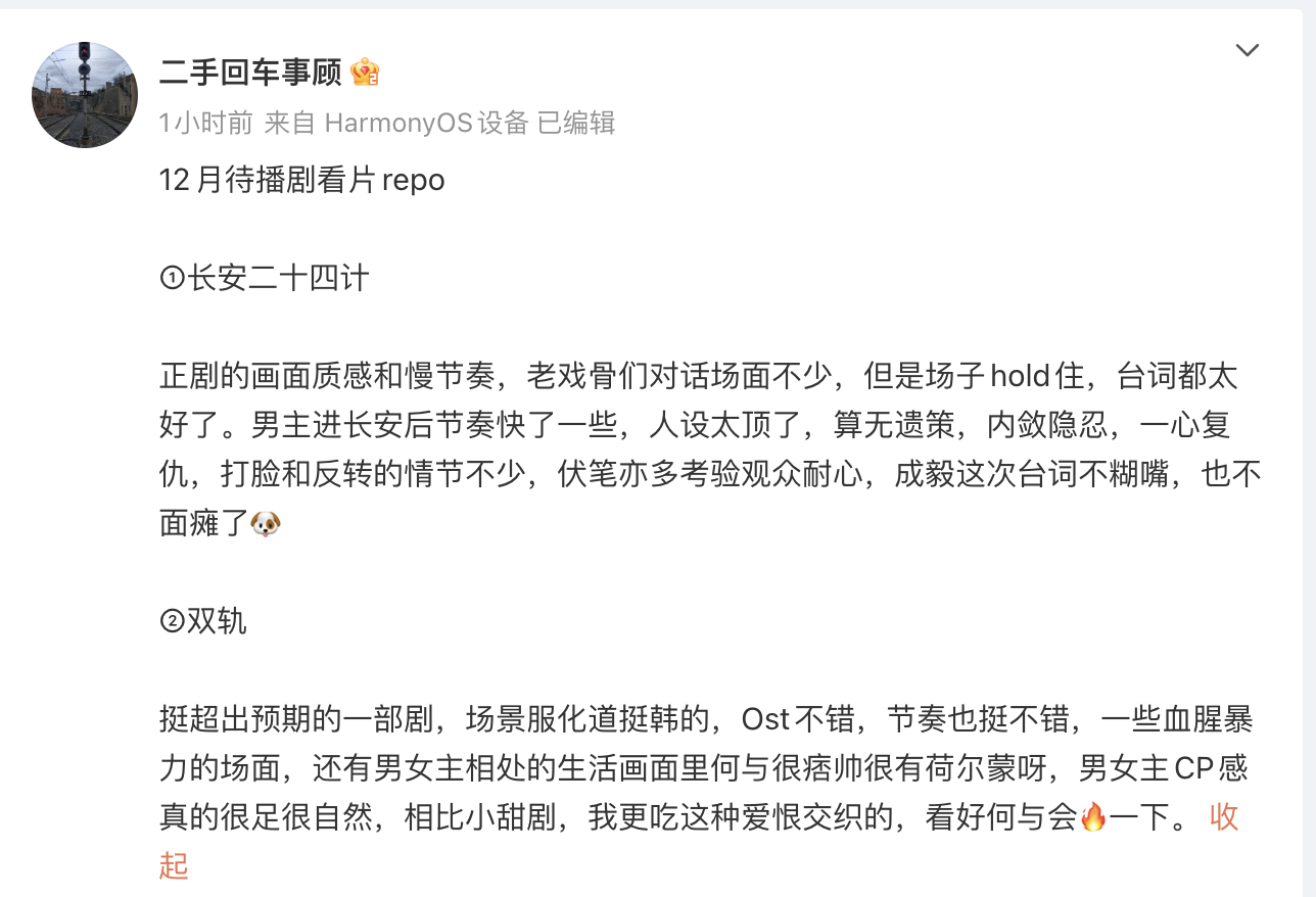 成毅《长安二十四计》虞书欣《双轨》看片repo，建议双宿双飞。