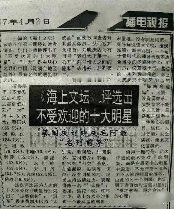 1997年最不受欢迎的明星🈶榜首🏆蔡国庆，获奖理由：太奶油……第二名🥈刘晓