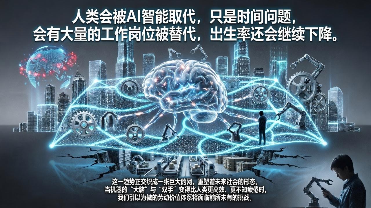 人类会被AI智能取代，只是时间问题，会有大量的工作岗位被替代，出生率还会继续下降