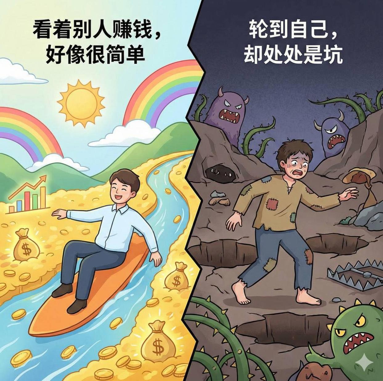 为什么看着别人赚钱，好像很简单，轮到自已，却处处是坑呢？？？？
别人走通的路，不