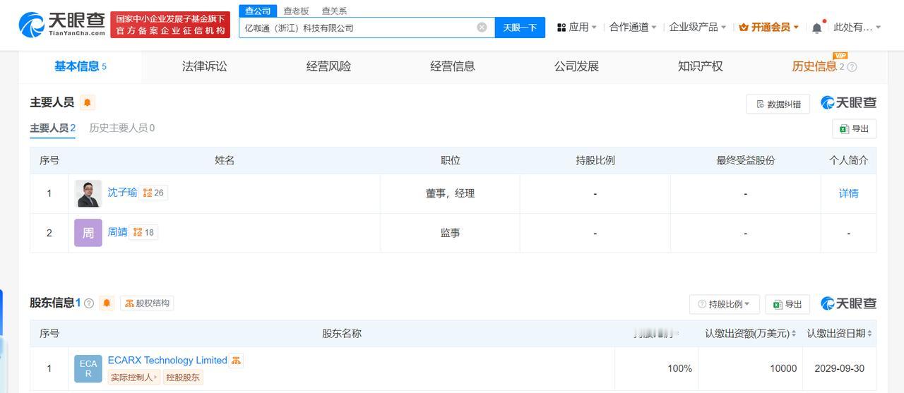 #亿咖通1亿美元在浙江成立科技公司# 沈子瑜任董事
天眼查App显示，近日，亿咖