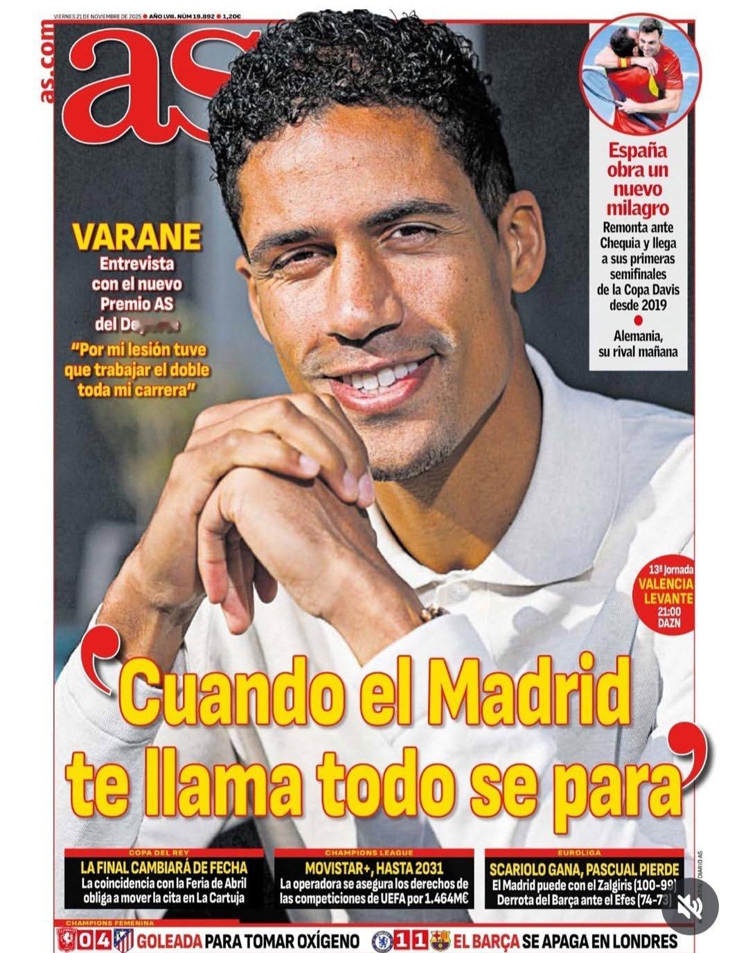 《阿斯》瓦拉内新的阿斯体育奖采访: 皇马给你打电话的时候世界都停转了；因为我的伤