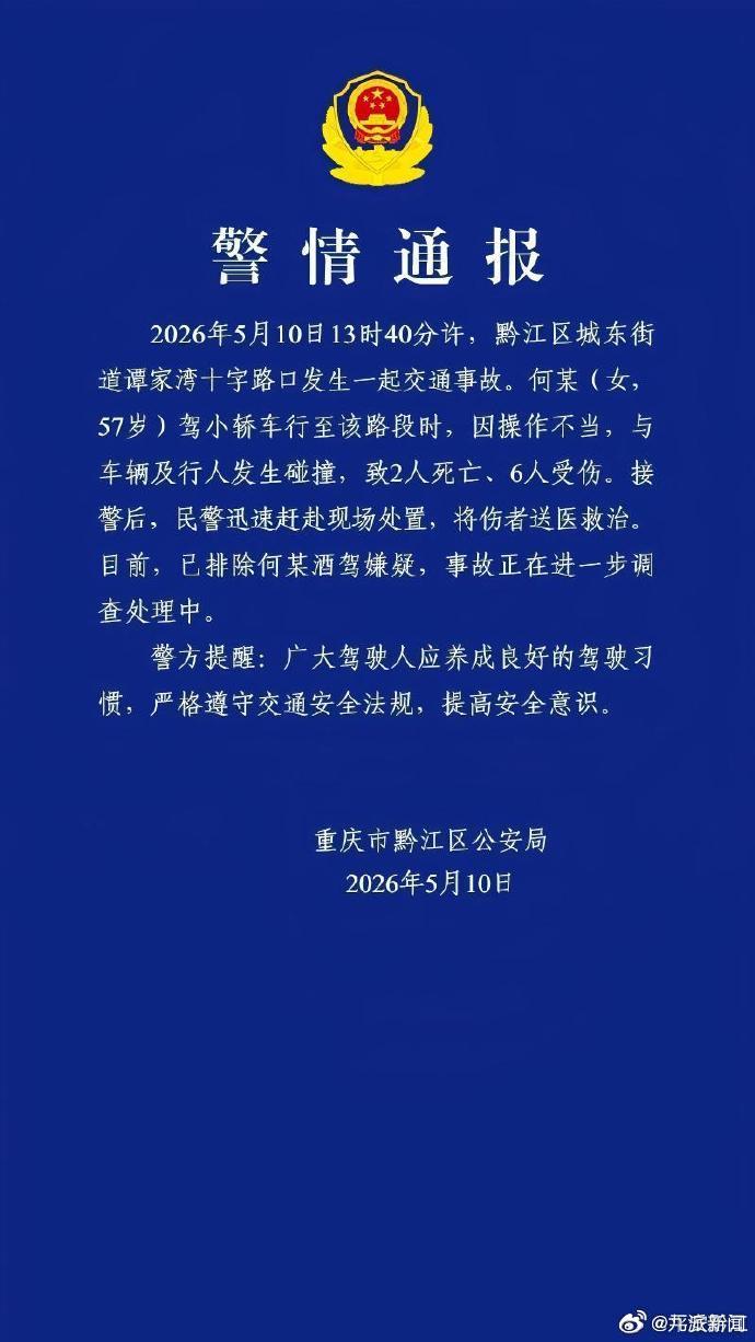 #重庆2死6伤交通事故系因操作不当#【#重庆警方通报交通事故致2死6伤#】重庆市