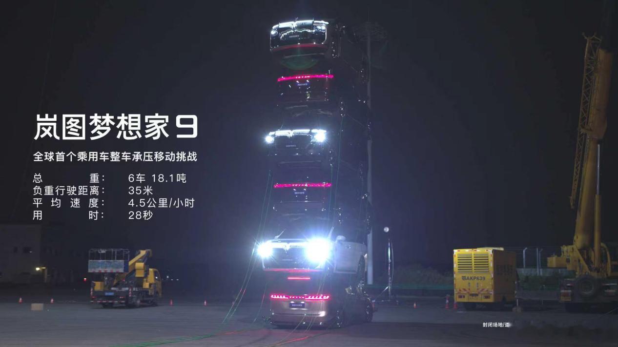 9月20日，岚图汽车在武汉发布梦想家9移动叠塔挑战视频，成功完成全球首个乘用车整
