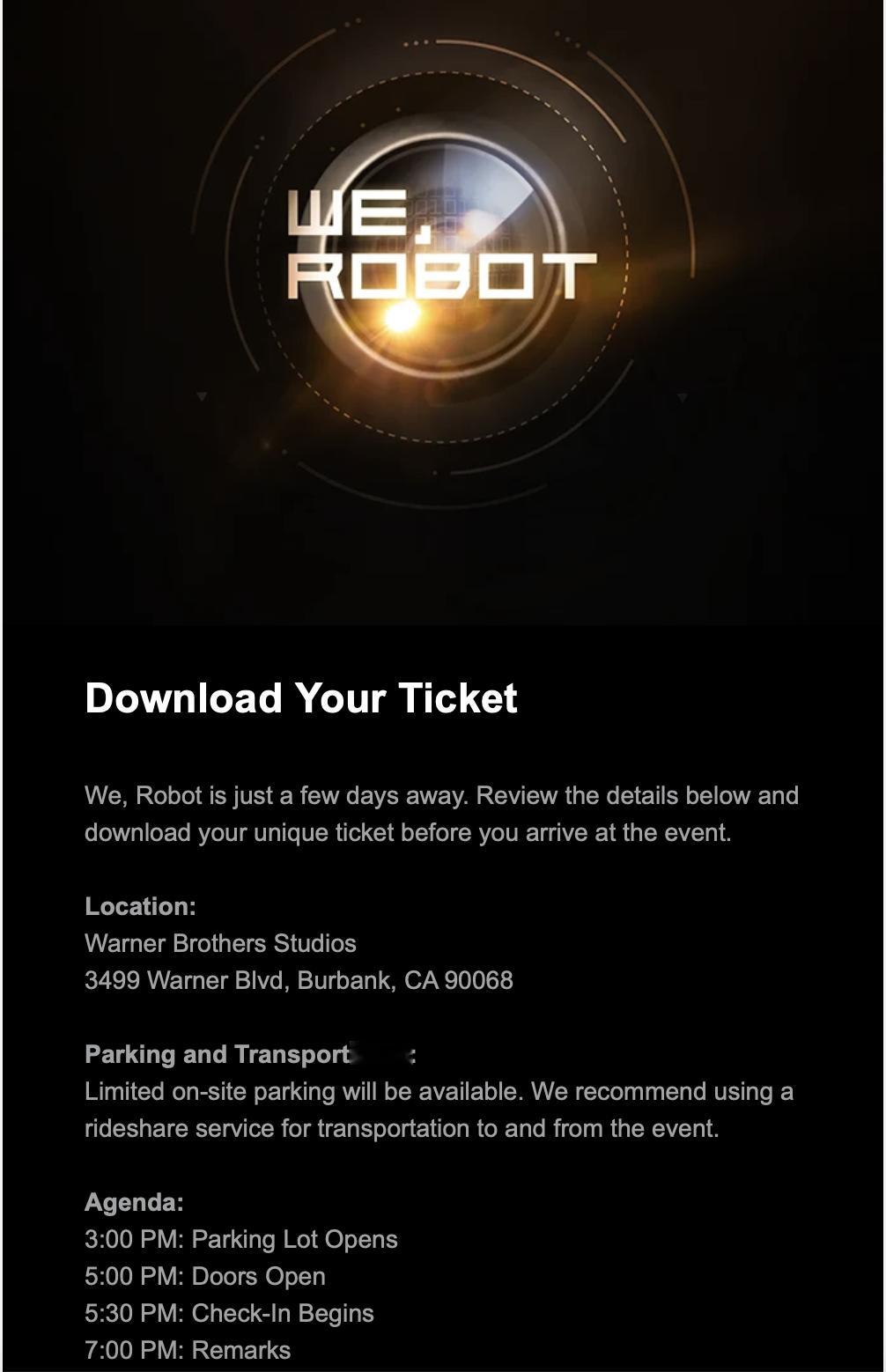 特斯拉#Robotaxi# 活动门票发送地点在伯班克华纳兄弟工作室举行分析人士称