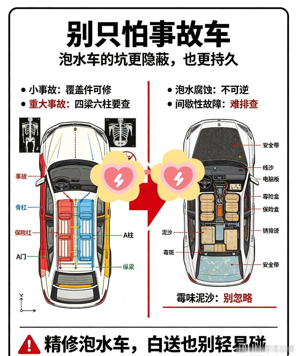 事故车和泡水车哪个更严重汽场全开 买二手车，很多人第一反应是躲事故车，觉得撞过就