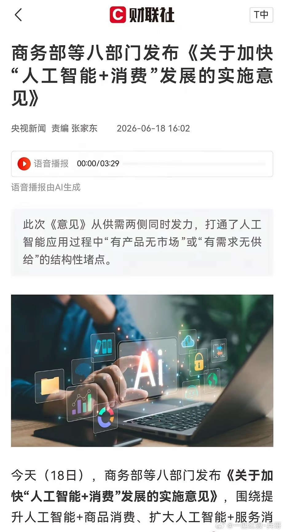 重磅炸场！八部门联合发文，AI+消费正式上升国策，6大赛道直接起飞  6月18日