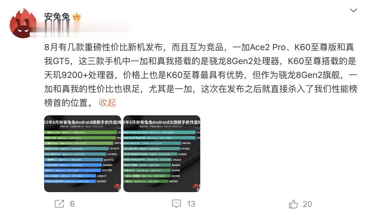 安兔兔8月安卓性能榜单出炉，骁龙8 Gen2还是稳啊！榜单前10名全都是骁龙8 