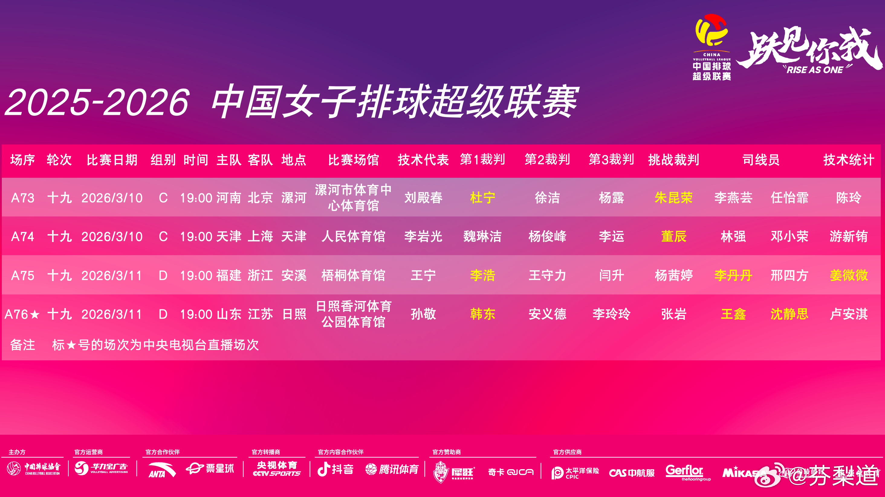 排超联赛2025-2026中国女排超级联赛A级季后赛第19轮3月10日 星期二1