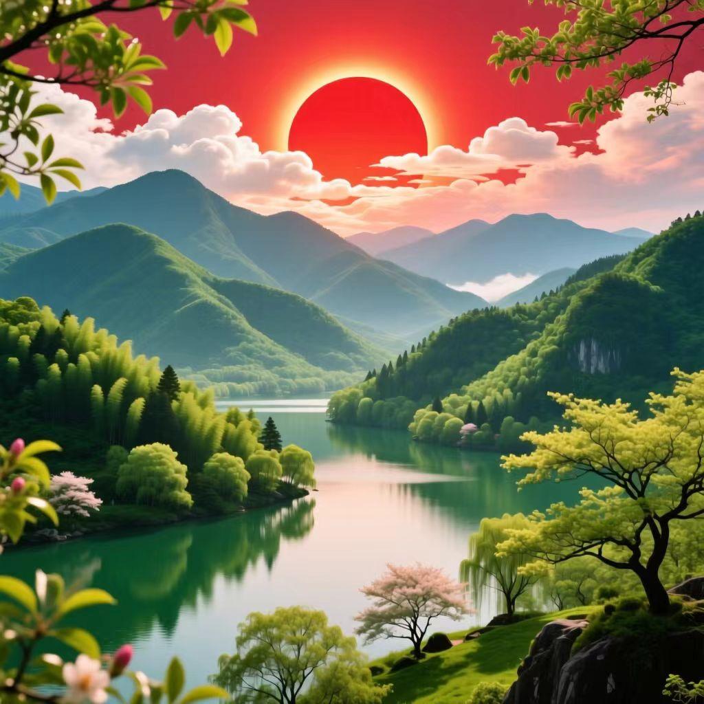 上联：青山绿水春长在。            
下联：红日祥云福永存。