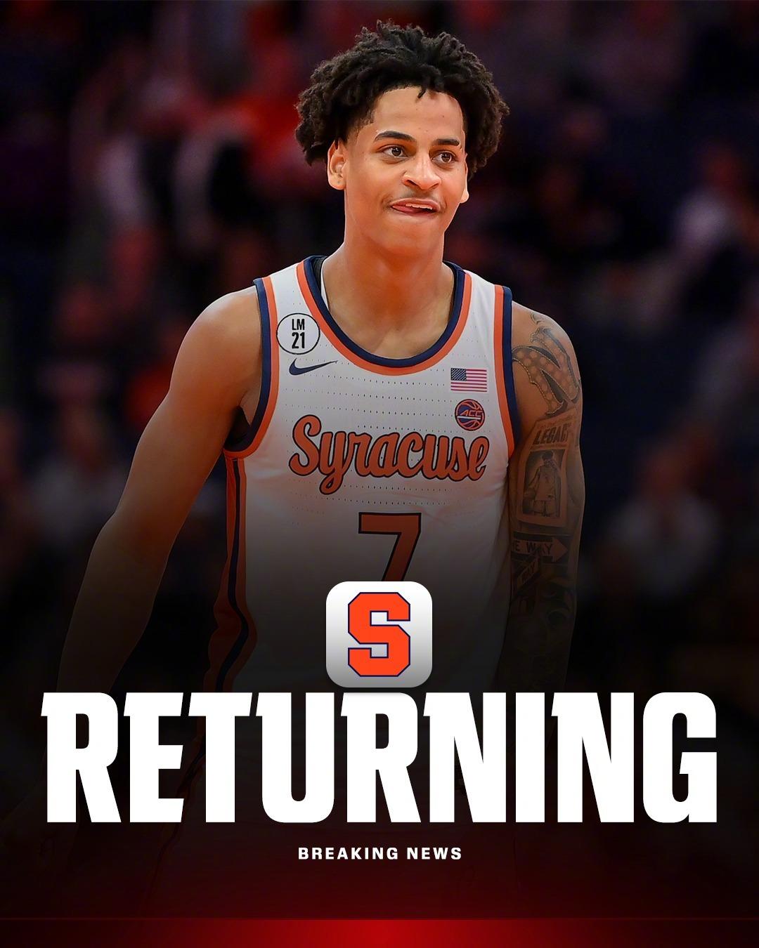 基扬-安东尼宣布他将回到雪城大学，继续他的二年级赛季。大一赛季，基扬·安东尼场均