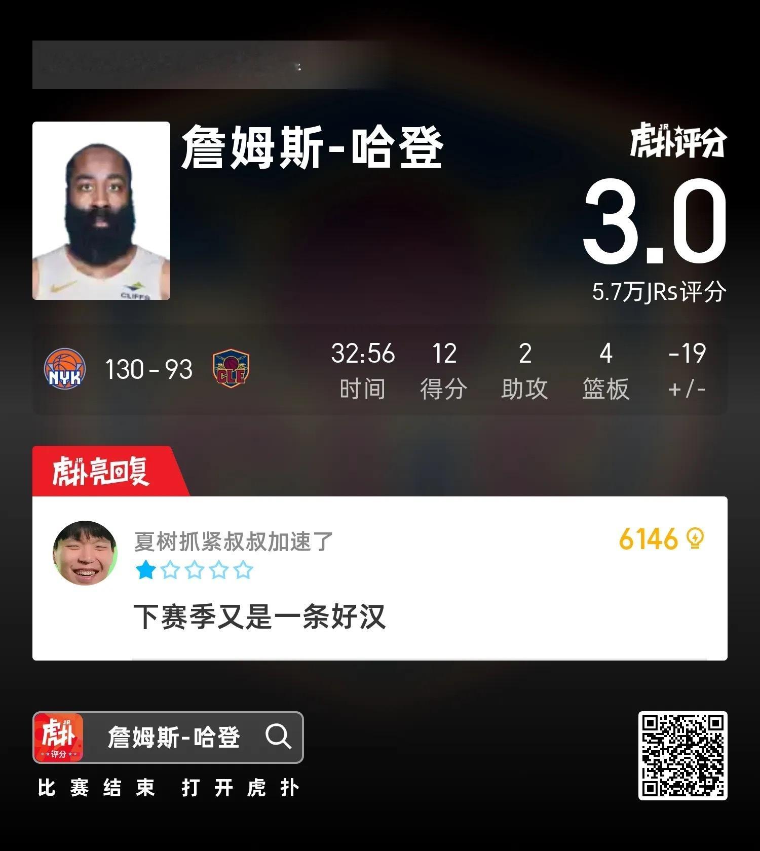 今天没看比赛，骑士被横扫，我登今天关键战表现如何？