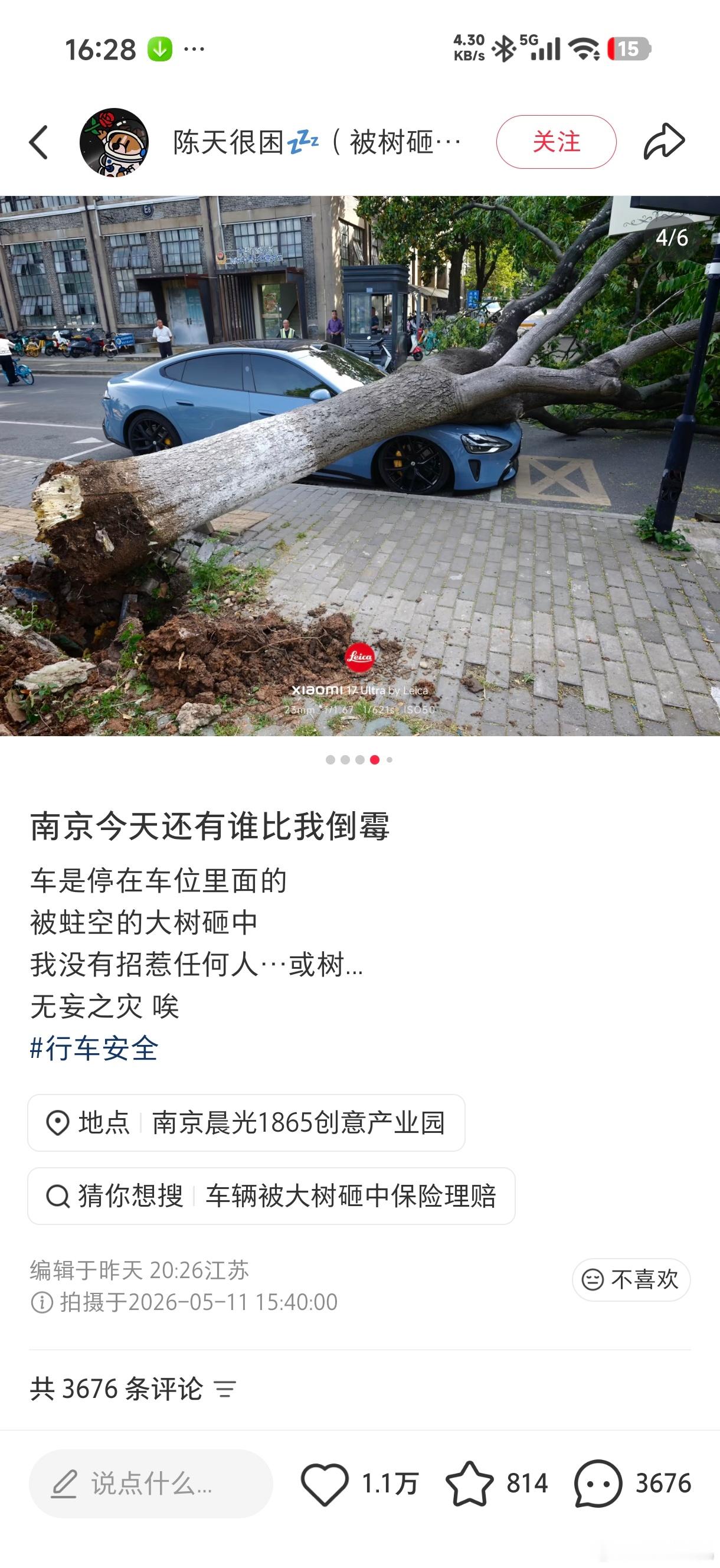 根据现场图及小米车主的表态，这俩小米汽车是好好停在路边的停车位上，然后大树倒下砸