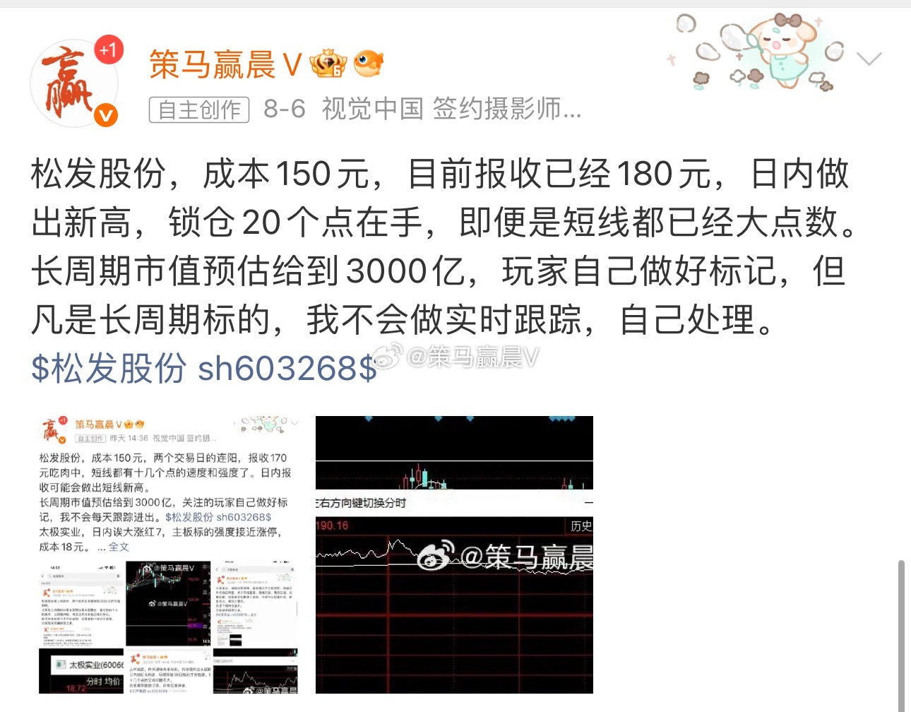 松发股份，成本150元，8月6日结算的时候我已经发过帖子玩家自己处理利润部分，实