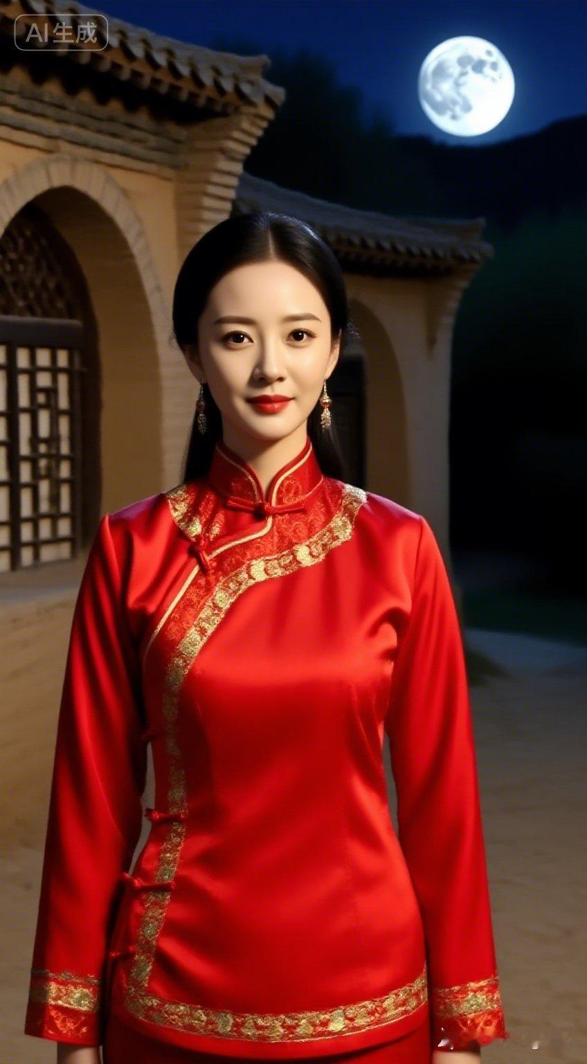 月色下的古典美人，红衣华裳，尽显东方韵味。