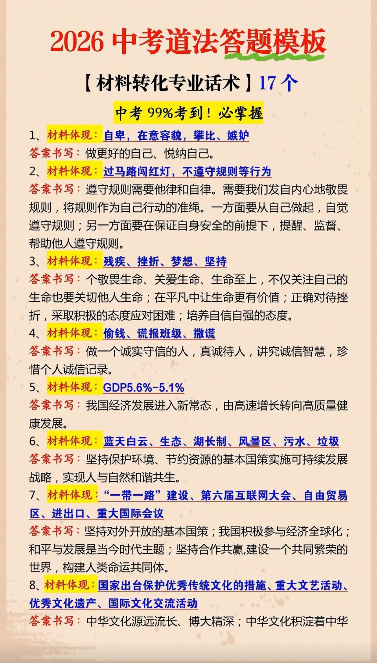 中考道法答题模板—材料转化专业术语17个