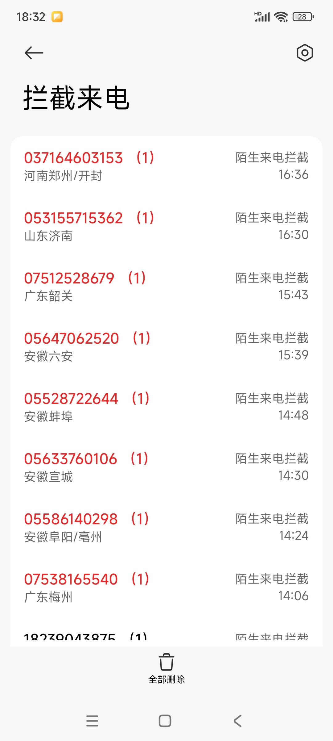 记录今日心情开启陌生号码拦截，今天还是拦截了21个广告来电，各地固话轮番打来，推
