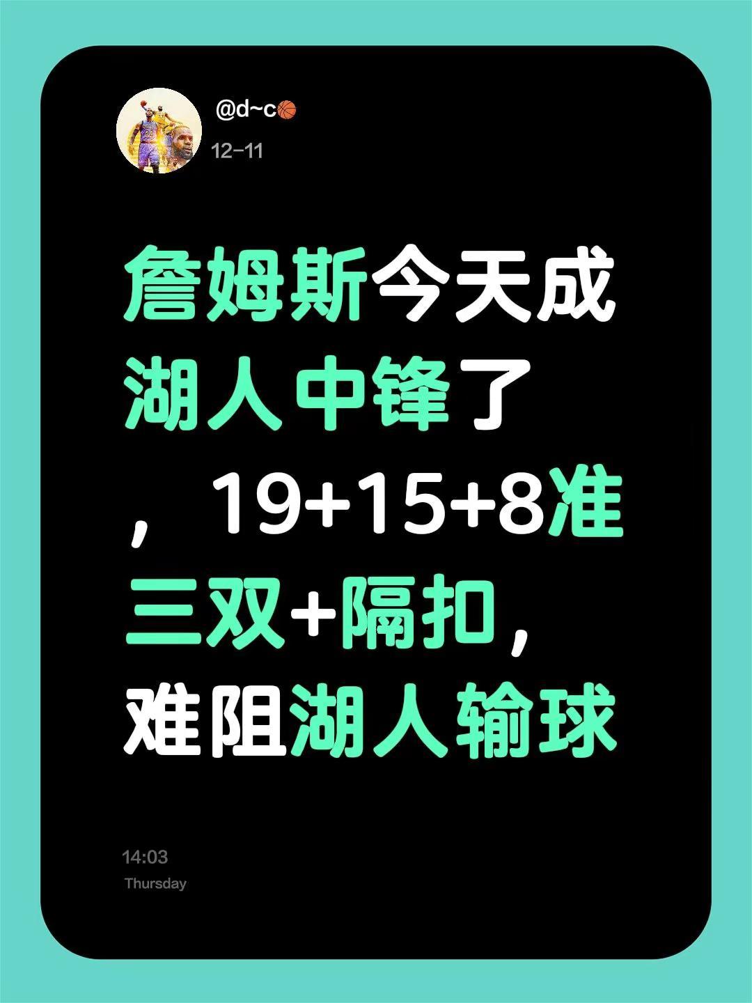 詹姆斯15篮板。詹姆斯今天成湖人中锋了，19+15+8准三双+隔扣，难阻湖人输球