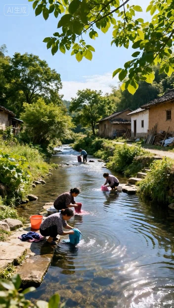 七绝●清澈溪水/古韵  

艳日晴空映碧溪，
村中茂树鸟声啼。
濯衣妇女成佳景，
