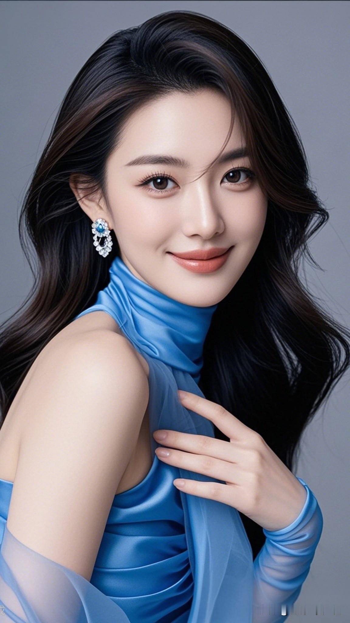 蓝衣美人，笑靥如花。分享治愈系图片 优雅蓝调，闪耀耳环，甜美笑容，气质女神