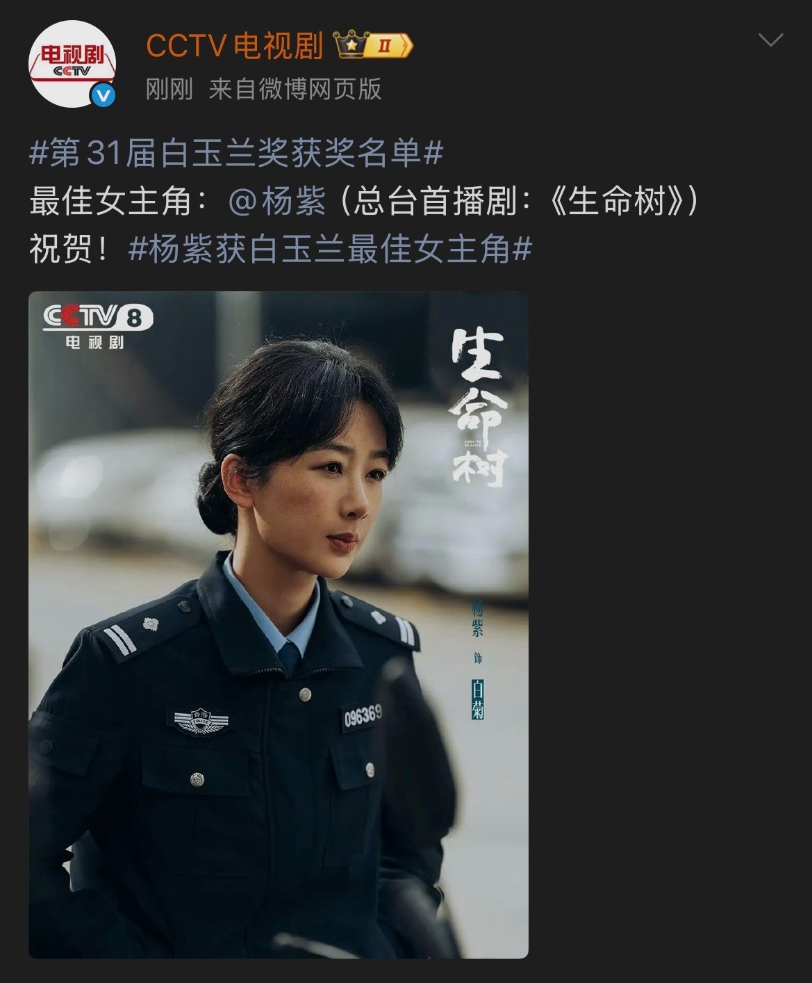 白玉兰获奖名单 杨紫白玉兰视后 90后首位白玉兰最佳女主角:杨紫恭喜杨紫呀🎉实