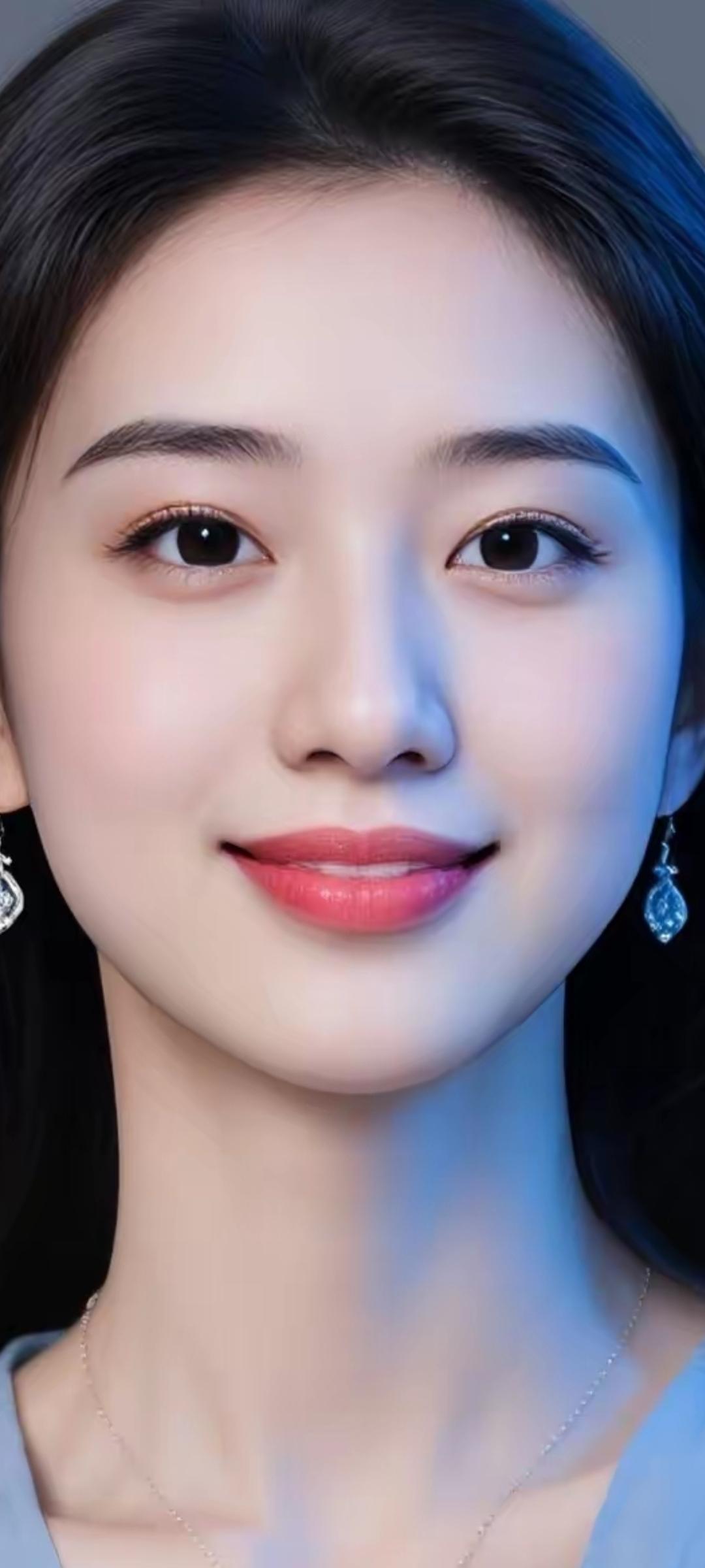 温柔甜美的微笑，蓝色背景下的清新女神