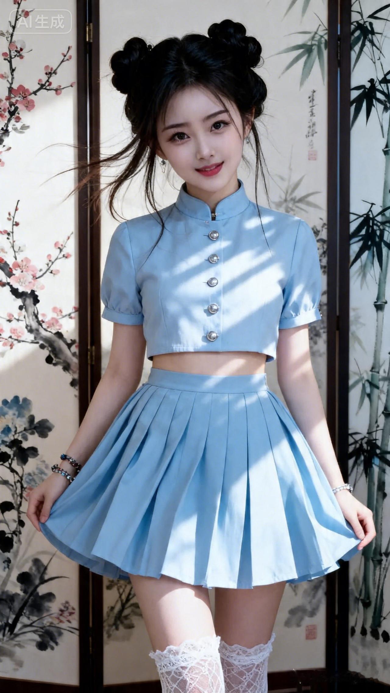 少女黑复古盘发衬冷白瓷肌，碎发轻飘添凌乱甜。浅蓝立领上衣配同色百褶裙，白蕾丝高筒