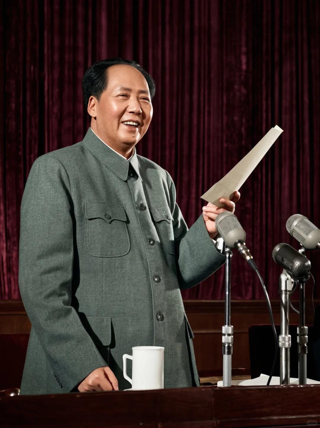 毛泽东同志 那张笑脸，定格了一个崭新的开篇麦克风前，他笑得那样灿烂。没有华丽的背