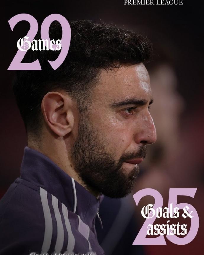 曼联晒B费本赛季英超数据 曼联官方更新社媒动态，晒出B费本赛季的英超数据。B费本