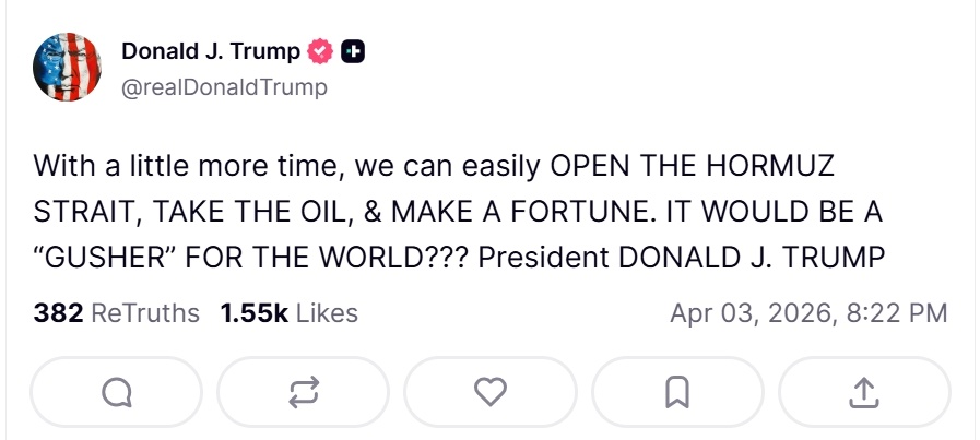 特朗普：再多一点时间，我们就能轻易打通霍尔木兹海峡，拿下石油，大赚一笔。那将是世