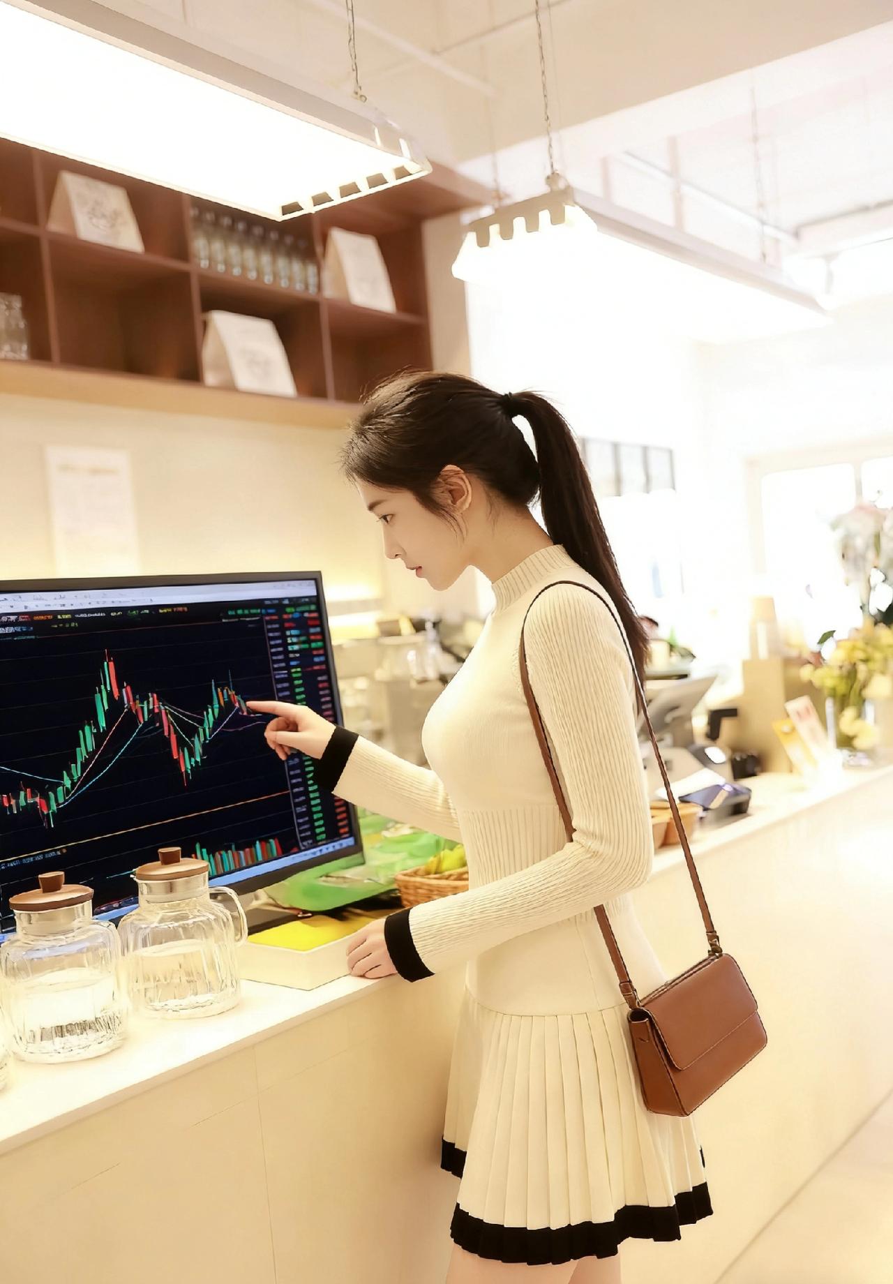 咖啡店的暖光落在屏幕上，红绿K线在指尖起伏。
 
她指尖轻点，眼神专注，像在和市